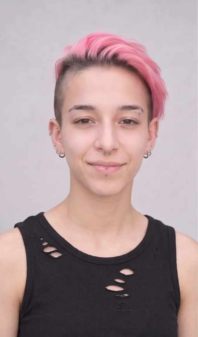 Mayi, pink hair and a cast on her arm