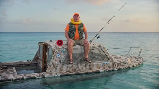 Tío Cuco on a half-sunk boat in turquoise water